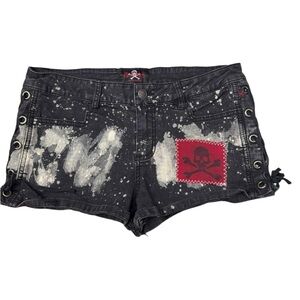 Royal Bones .  Black and Red Jean Shorts Distressed Style